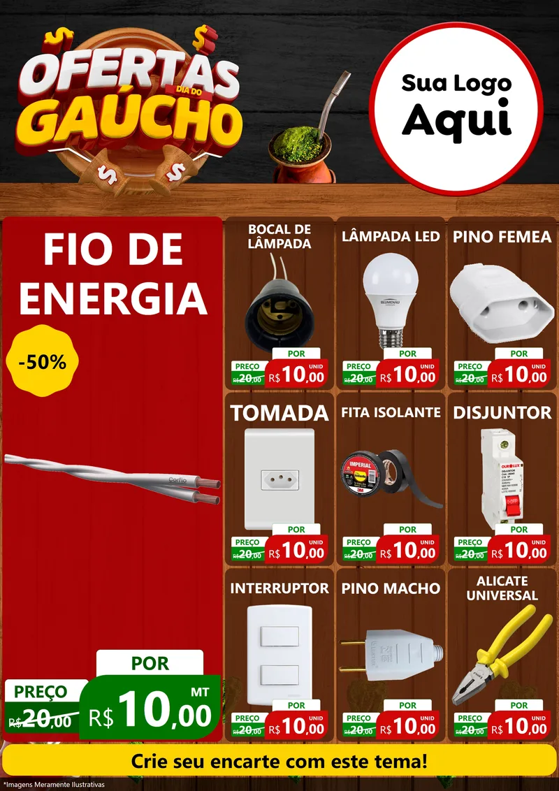 Modelo de Encarte para Encarte A4 Vertical com o tema Ofertas Dia do Gaúcho para Materiais Elétricos