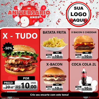 Modelo de Rede Social para Feed Facebook com o tema Promoção de Aniversário - 9 Anos para Hamburgueria