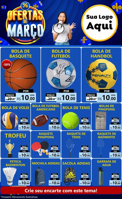 Modelo de Encarte para Encarte Grande com o tema Ofertas de Março para Artigos Esportivos