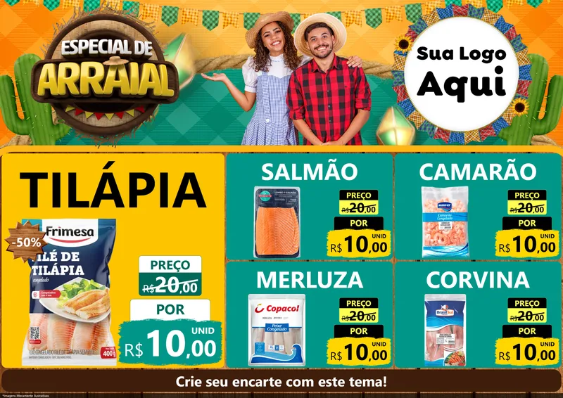Modelo de Encarte para Encarte A4 Horizontal com o tema Especial De Arraial para Peixaria