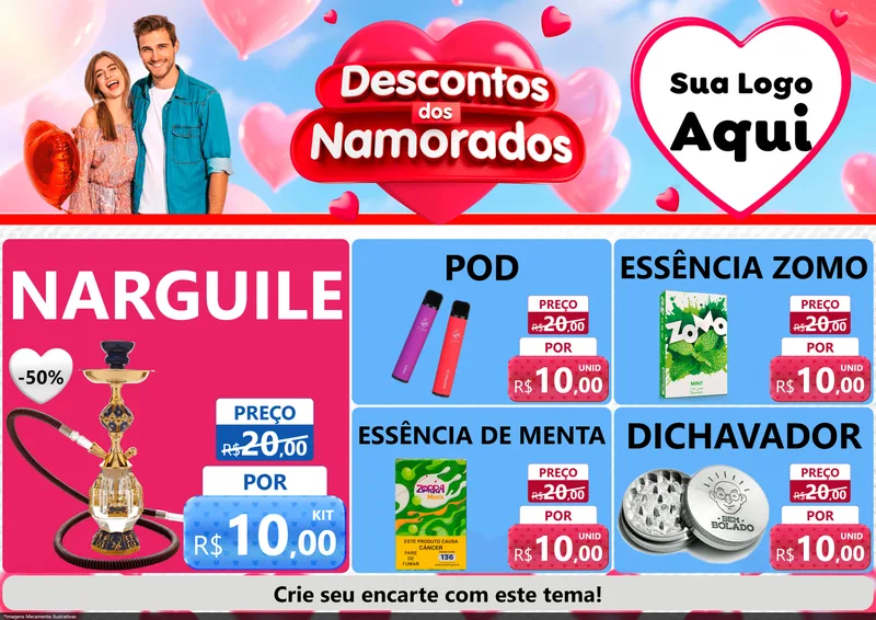 Modelo de Encarte para Encarte A4 Horizontal com o tema Descontos dos Namorados para Tabacaria