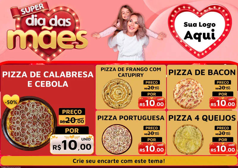 Modelo de Encarte para Encarte A4 Horizontal com o tema Super Dia Das Mães para Pizzaria