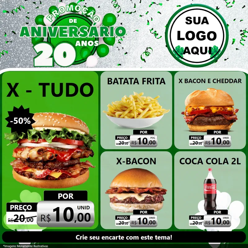 Modelo de Rede Social para Feed Facebook com o tema Promoção de Aniversário - 20 Anos para Hamburgueria