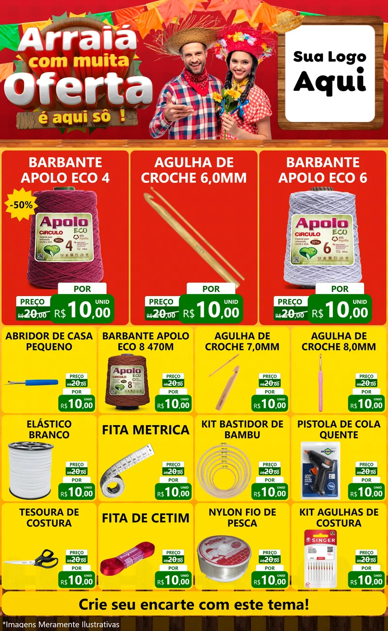 Modelo de Encarte para Encarte Grande com o tema Arraiá Com Muita Oferta - É Aqui Sô! para Armarinho e Aviamentos