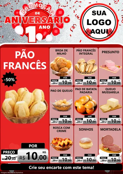 Modelo de Encarte para Encarte A4 Vertical com o tema Promoção de Aniversário - 1 Ano para Padaria