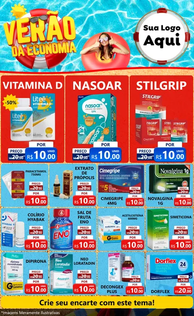 Modelo de Encarte para Encarte Grande com o tema Verão da Economia para Farmácia