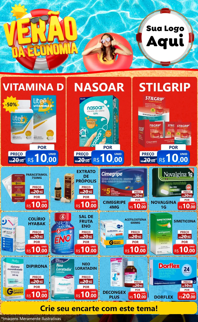 Modelo de Encarte para Encarte Grande com o tema Verão da Economia para Farmácia