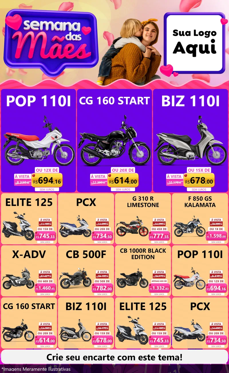 Modelo de Encarte para Encarte Grande com o tema Semana das Mães para Concessionaria de Motos