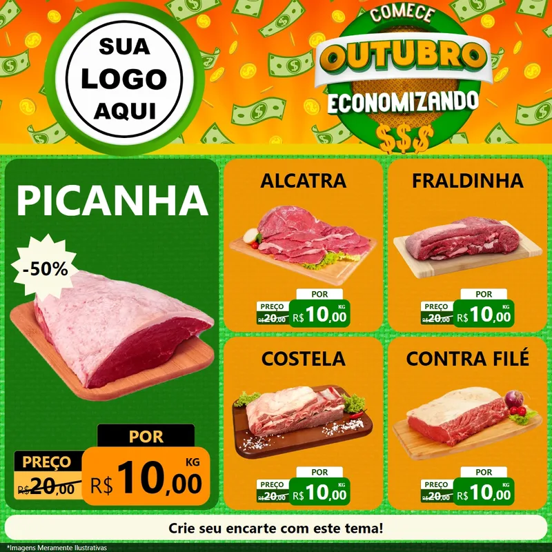 Modelo de Rede Social para Feed Facebook com o tema Comece Outubro Economizando para Açougue