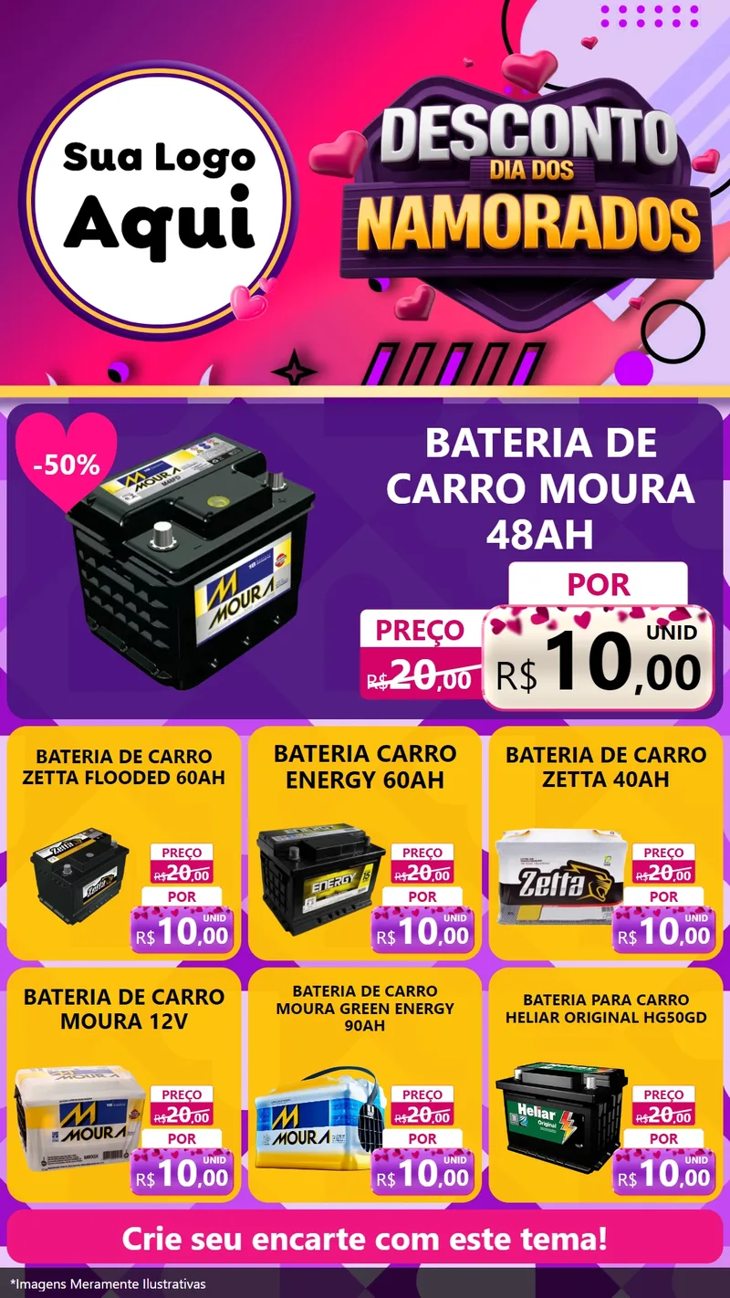 Modelo de Rede Social para Stories com o tema Desconto Dia dos Namorados para Baterias Elétricas