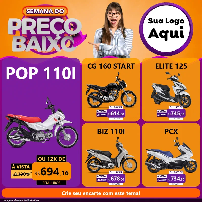 Modelo de Rede Social para Feed Facebook com o tema Semana do Preço Baixo para Concessionaria de Motos