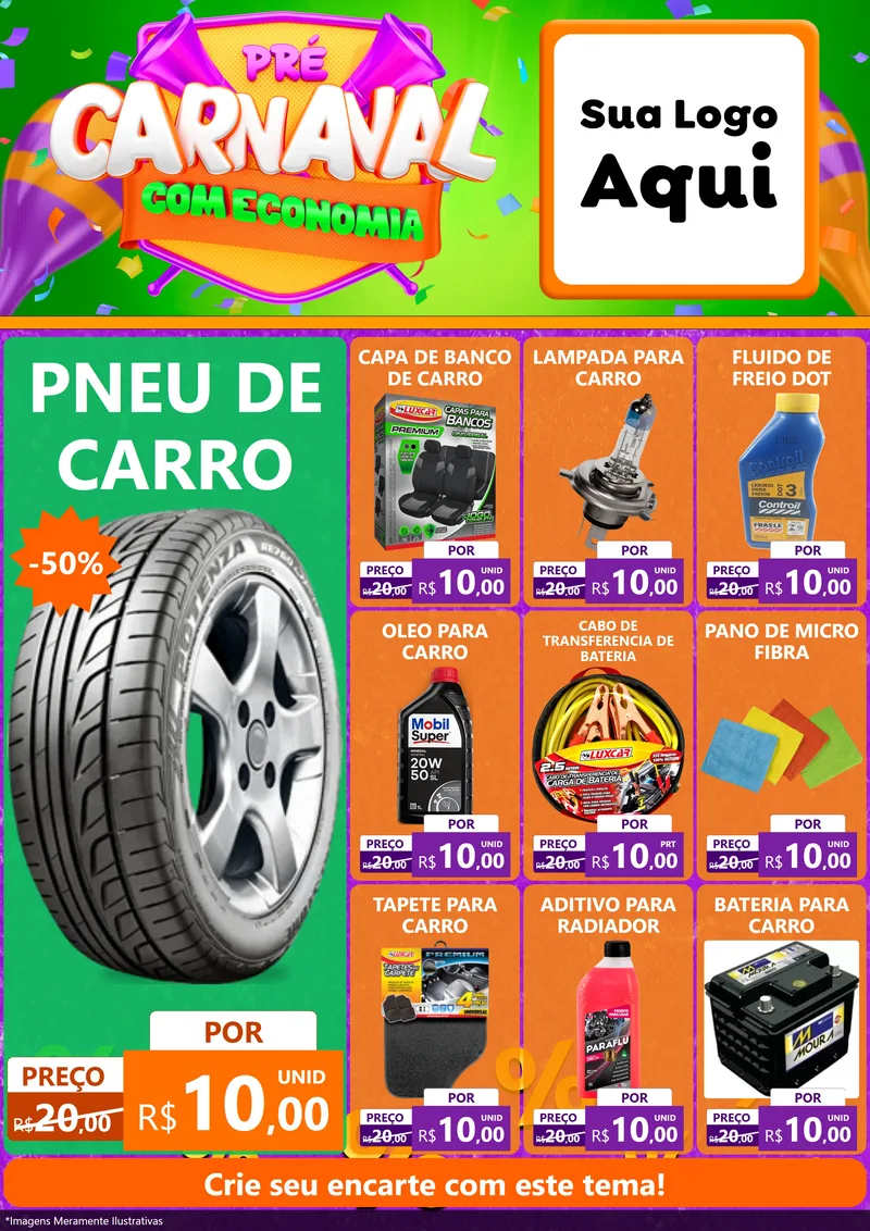 Modelo de Encarte para Encarte A4 Vertical com o tema Pré-Carnaval Com Economia para Auto peças