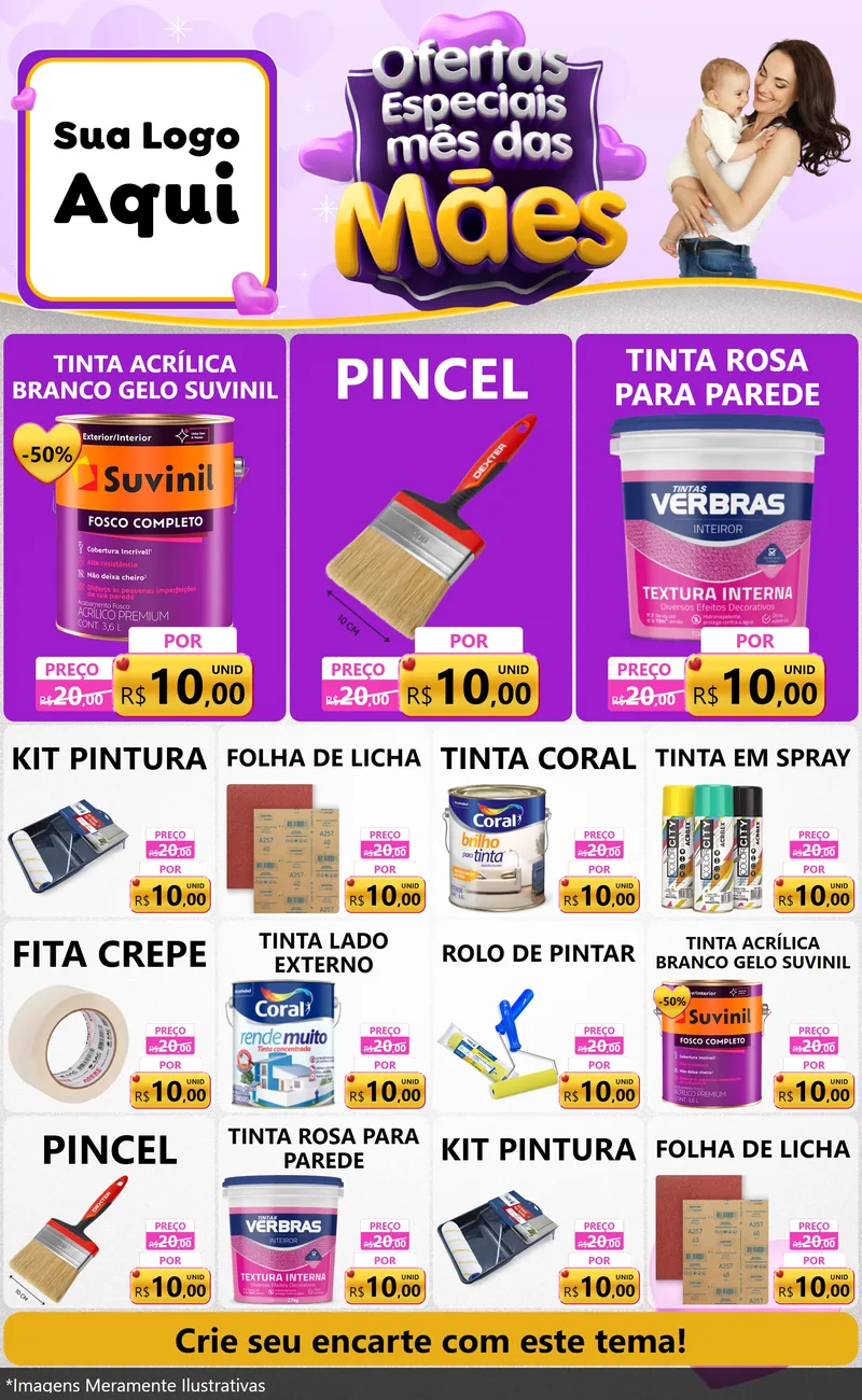 Modelo de Encarte para Encarte Grande com o tema Ofertas Especiais - Mês das Mães para Tintas e Ferramentas