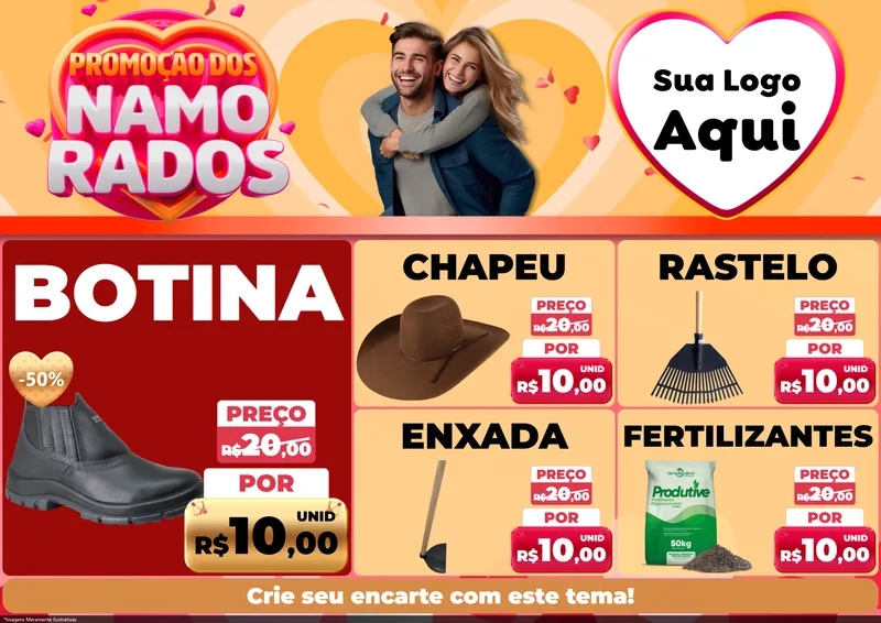 Modelo de Encarte para Encarte A4 Horizontal com o tema Promoção dos Namorados para Agropecuária