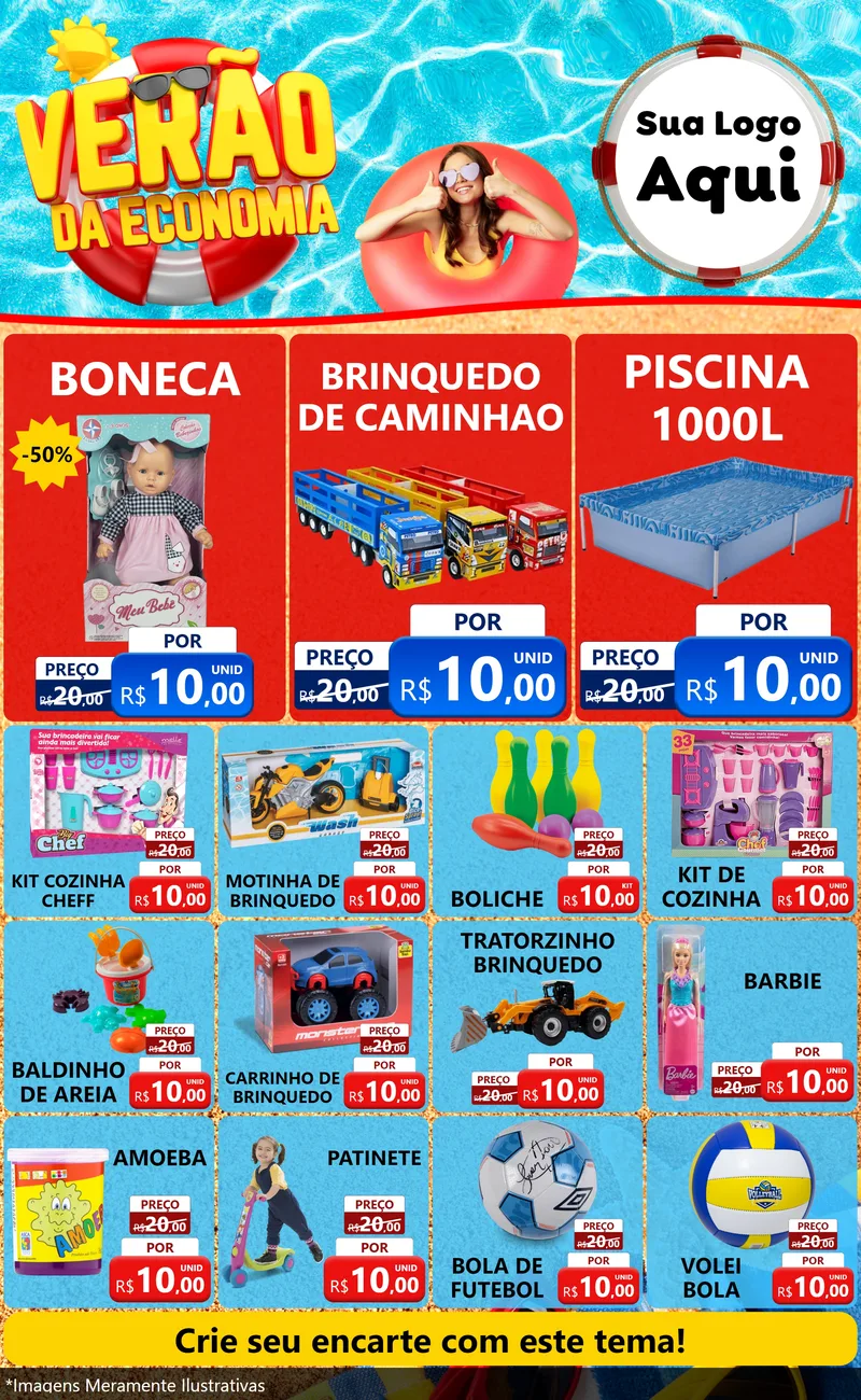 Modelo de Encarte para Encarte Grande com o tema Verão da Economia para Brinquedos