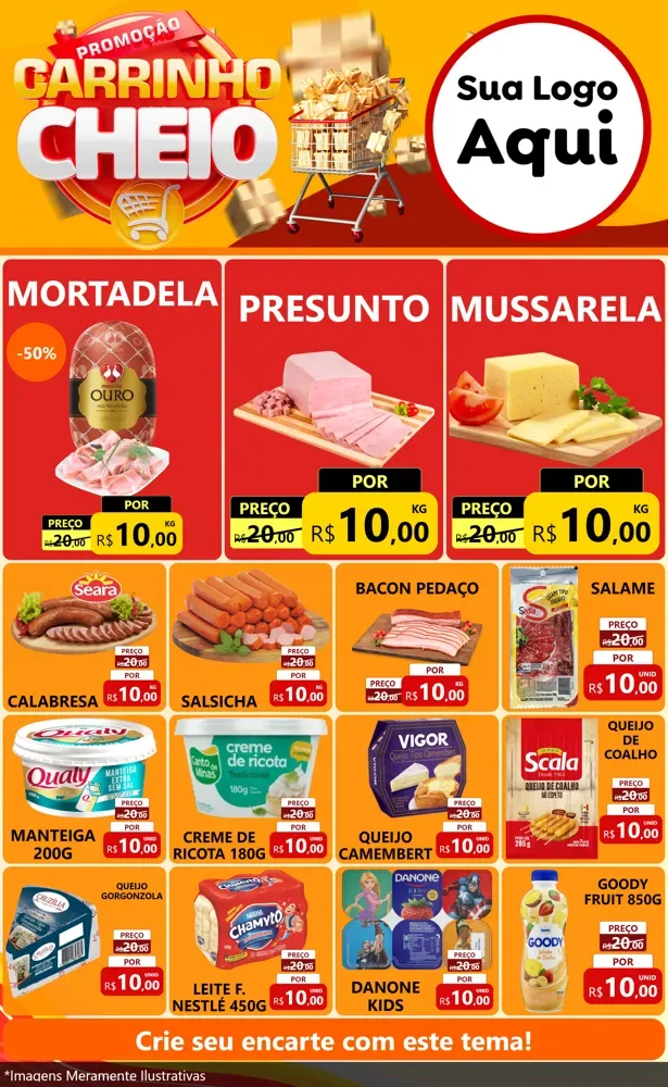 Modelo de Encarte para Encarte Grande com o tema Promoção carrinho cheio para Frios e Laticínios
