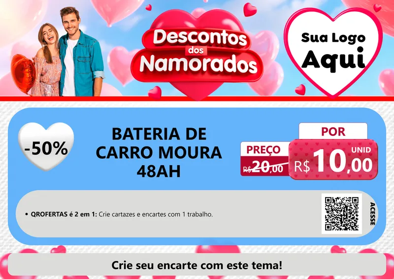 Modelo de Cartaz para Cartaz A4 Horizontal com o tema Descontos dos Namorados para Baterias Elétricas