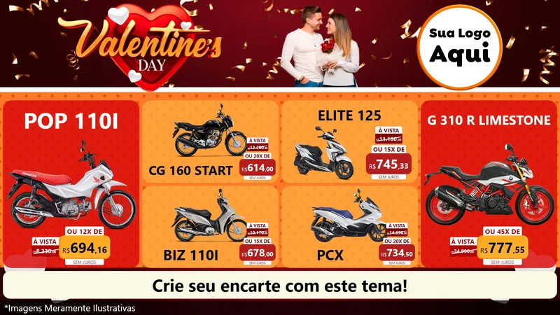 Modelo de TV para TV Horizontal com o tema Valentine's Day para Concessionaria de Motos