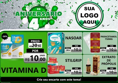 Modelo de Encarte para Encarte A4 Horizontal com o tema Promoção de Aniversário - 4 Anos para Farmácia