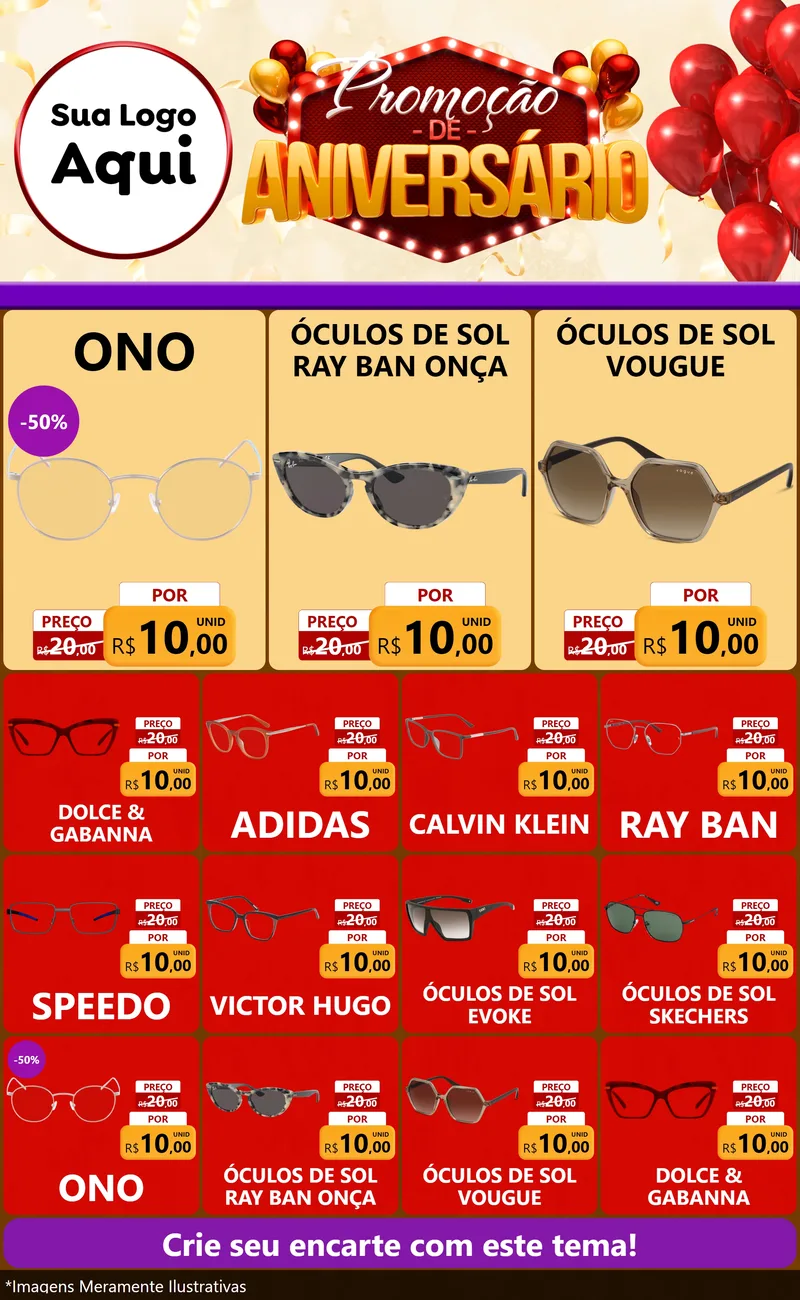 Modelo de Encarte para Encarte Grande com o tema Promoção de Aniversário para Óticas