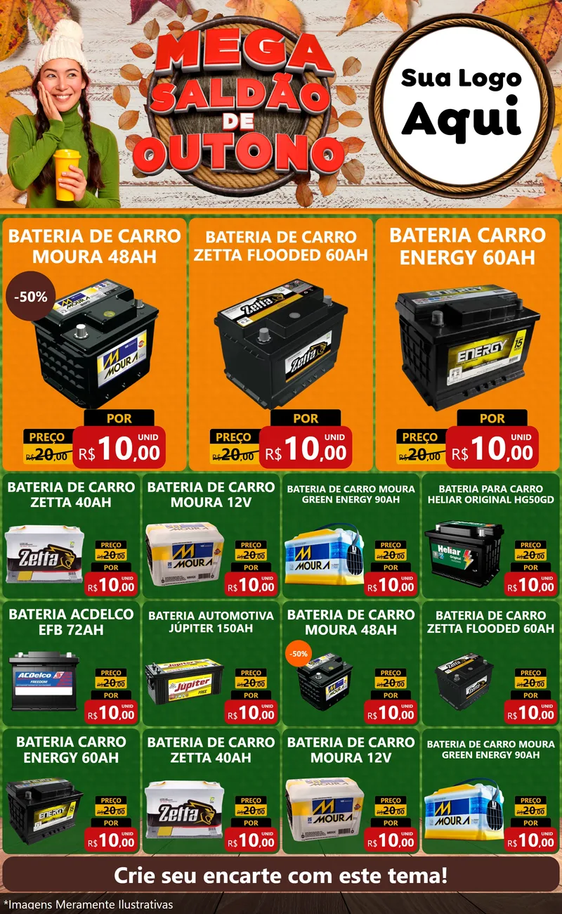 Modelo de Encarte para Encarte Grande com o tema Mega Saldão de Outono para Baterias Elétricas