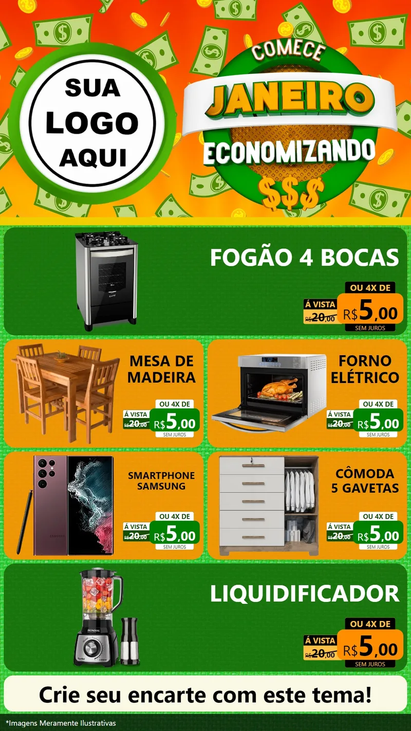 Modelo de TV para TV Vertical com o tema Comece Janeiro Economizando para Móveis e Eletro