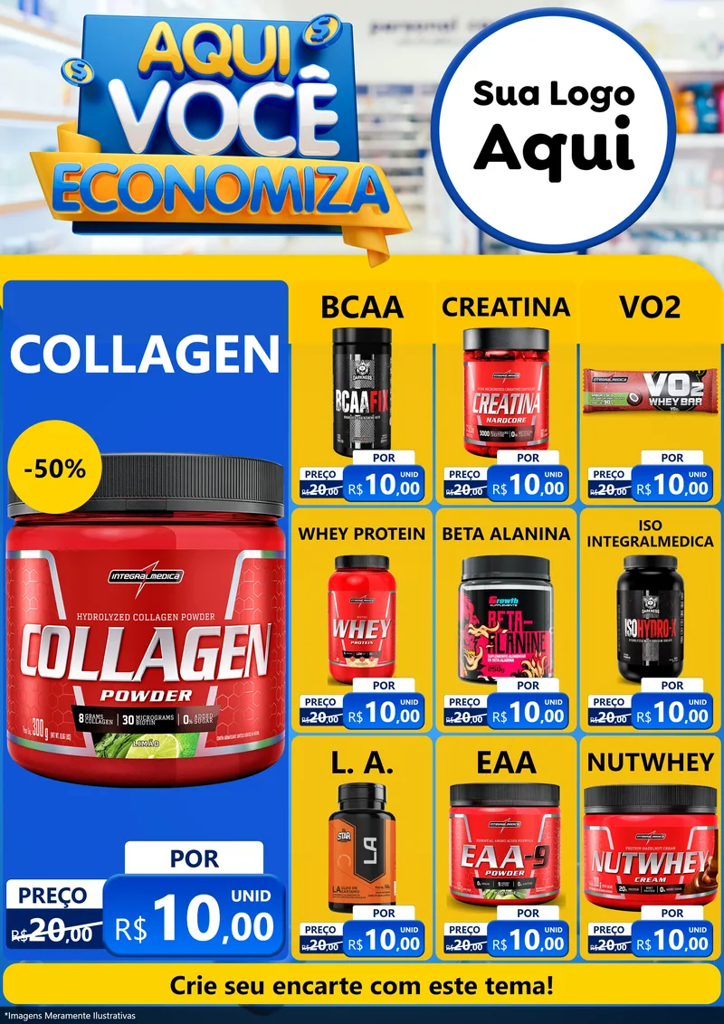 Modelo de Encarte para Encarte A4 Vertical com o tema Aqui Você Economiza para Suplementos alimentares