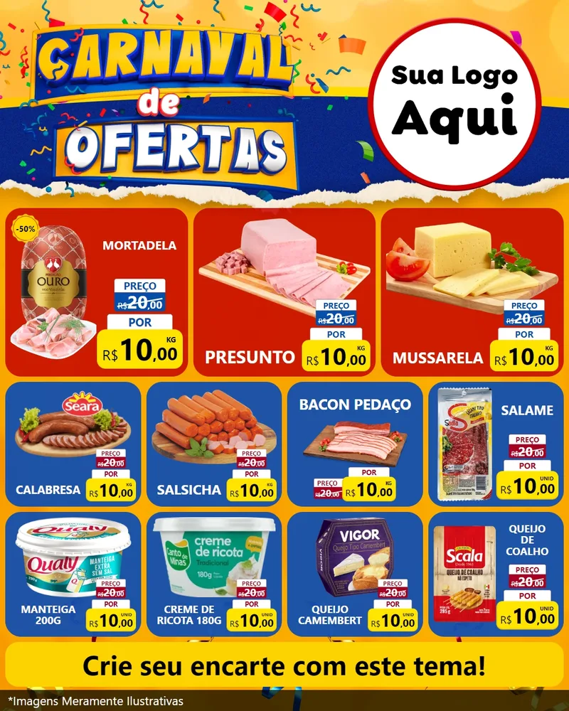 Modelo de Rede Social para Feed Instagram com o tema Carnaval de Ofertas para Frios e Laticínios