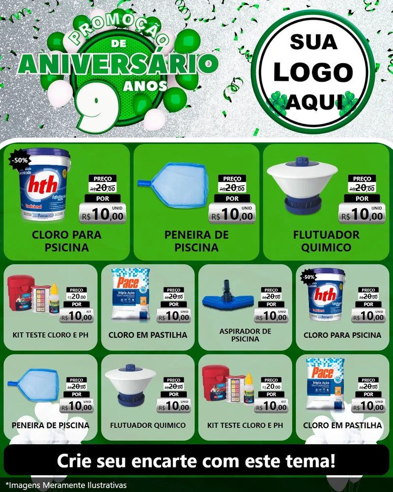 Modelo de Rede Social para Feed Instagram com o tema Promoção de Aniversário - 9 Anos para Produtos para Piscina