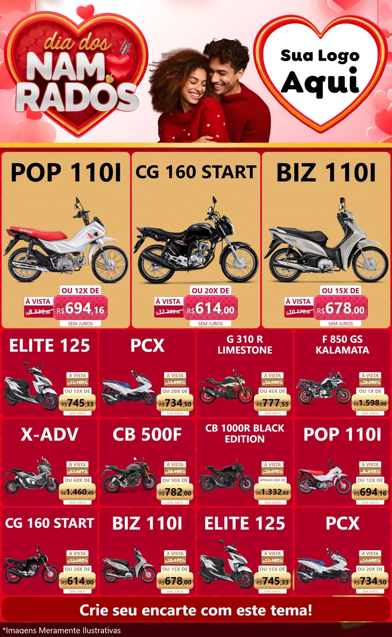 Modelo de Encarte para Encarte Grande com o tema Dia dos Namorados para Concessionaria de Motos