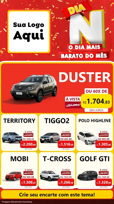 Modelo de Rede Social para Stories com o tema Dia N o Dia Mais Barato do Mês para Concessionaria de Carros