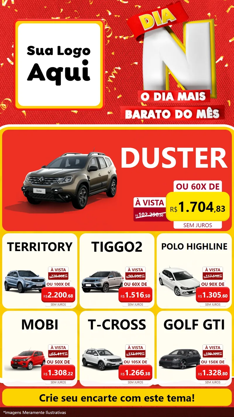 Modelo de Rede Social para Stories com o tema Dia N o Dia Mais Barato do Mês para Concessionaria de Carros