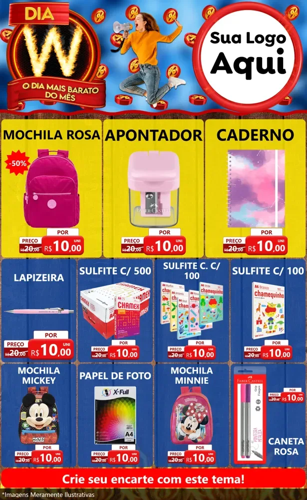 Modelo de Encarte para Encarte Grande com o tema Dia W - O Dia Mais Barato Do Mês para Papelaria