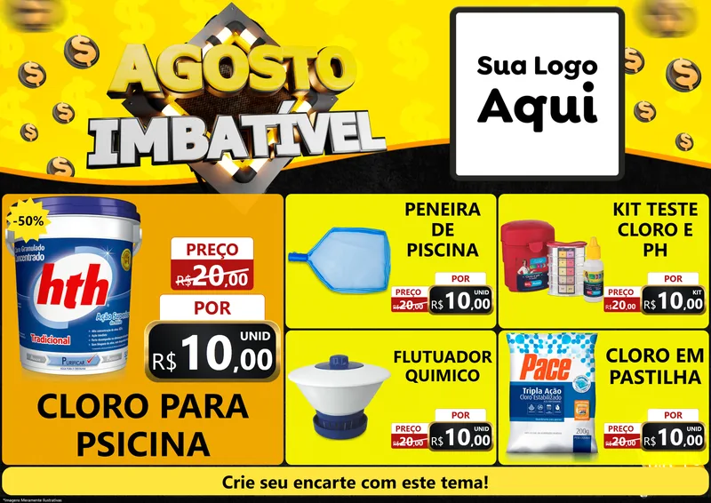 Modelo de Encarte para Encarte A4 Horizontal com o tema Agosto Imbatível para Produtos para Piscina