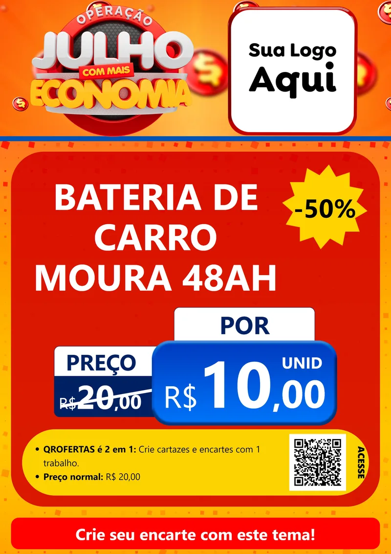 Modelo de Cartaz para Cartaz A4 Vertical com o tema Operação Julho Com Mais Economia para Baterias Elétricas