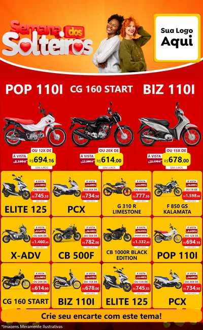 Modelo de Encarte para Encarte Grande com o tema Semana dos Solteiros para Concessionaria de Motos