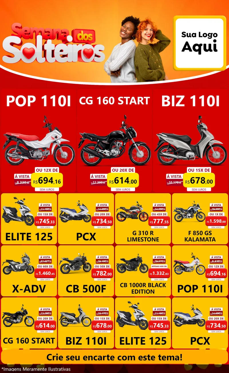 Modelo de Encarte para Encarte Grande com o tema Semana dos Solteiros para Concessionaria de Motos