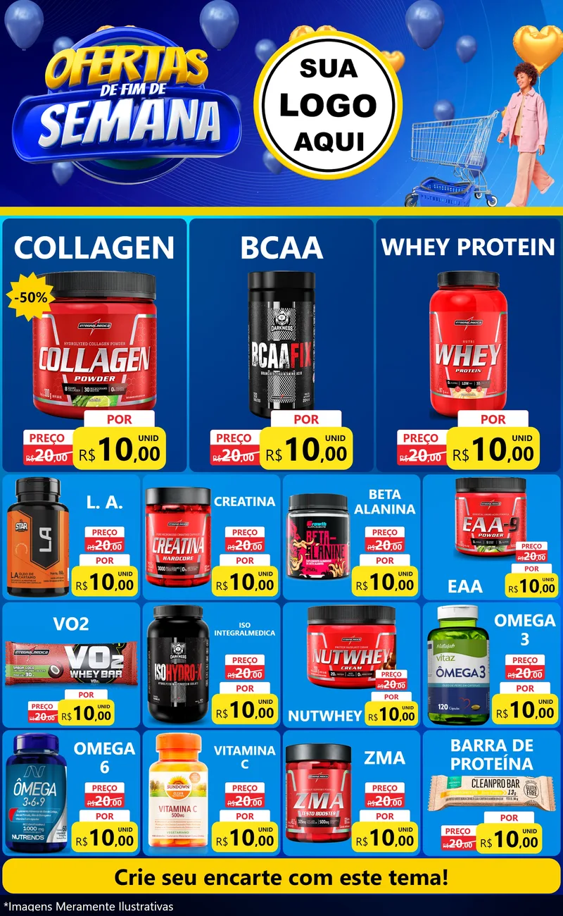 Modelo de Encarte para Encarte Grande com o tema Ofertas de Fim de Semana para Suplementos alimentares