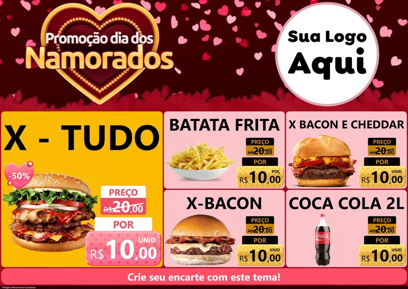 Modelo de Encarte para Encarte A4 Horizontal com o tema Promoção Dia Dos Namorados para Hamburgueria