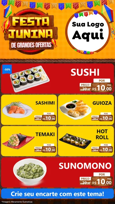 Modelo de TV para TV Vertical com o tema Festa Junina de Grandes Ofertas para Comida japonesa