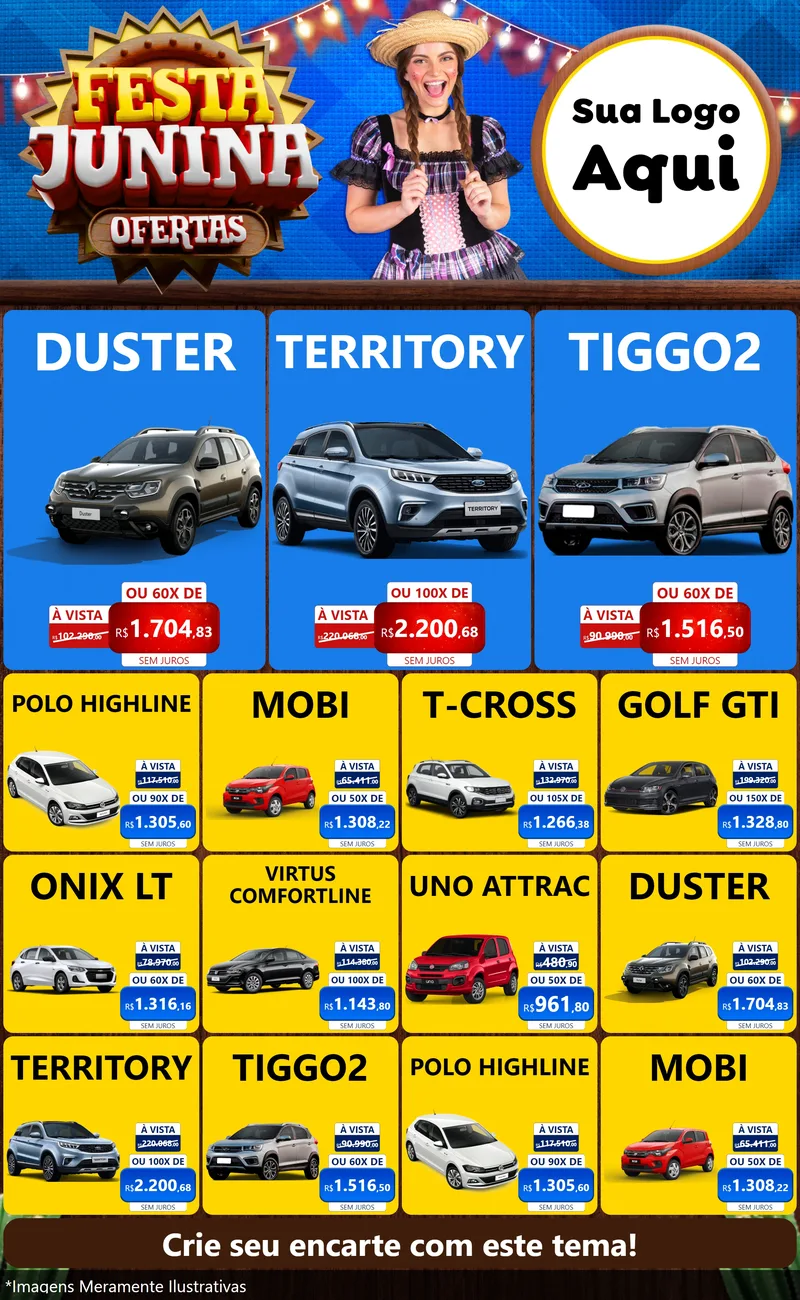 Modelo de Encarte para Encarte Grande com o tema Festa Junina Ofertas para Concessionaria de Carros
