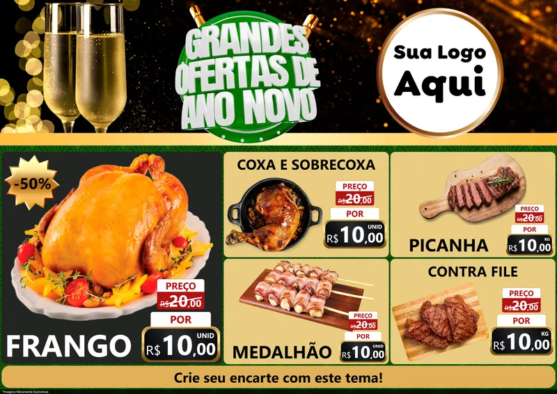 Modelo de Encarte para Encarte A4 Horizontal com o tema Grandes Ofertas de Ano Novo para Assados