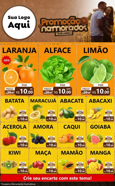 Modelo de Encarte para Encarte Grande com o tema Promoção Namorados para Hortifrúti