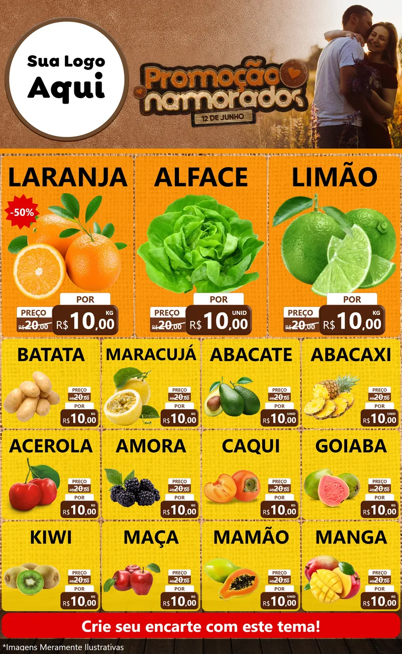 Modelo de Encarte para Encarte Grande com o tema Promoção Namorados para Hortifrúti