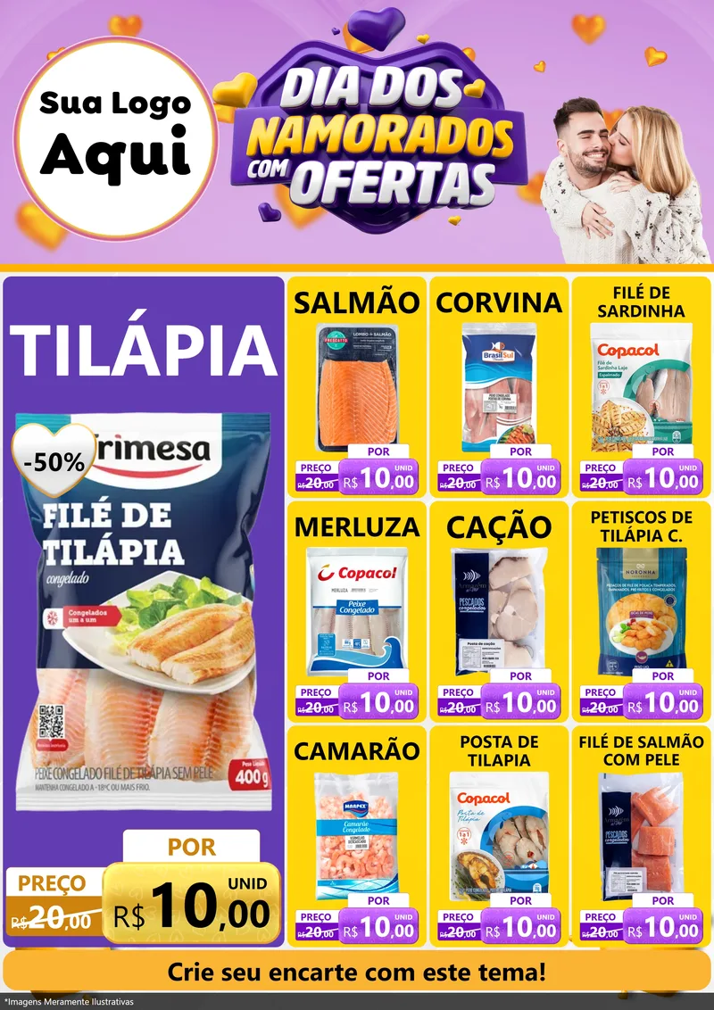Modelo de Encarte para Encarte A4 Vertical com o tema Dia Dos Namorados Com Ofertas para Peixaria