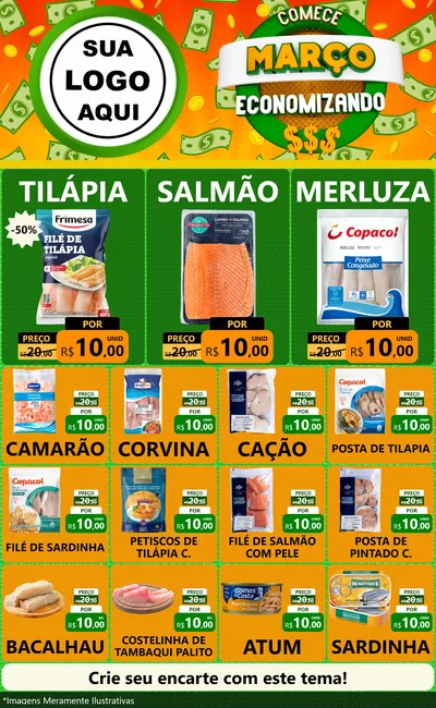 Modelo de Encarte para Encarte Grande com o tema Comece Março Economizando para Peixaria