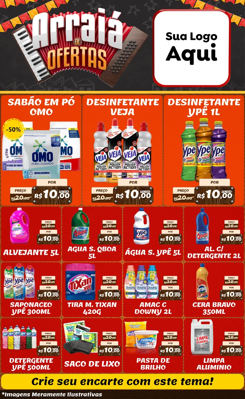 Modelo de Encarte para Encarte Grande com o tema Arraiá de Ofertas - Junina para Produtos de Limpeza
