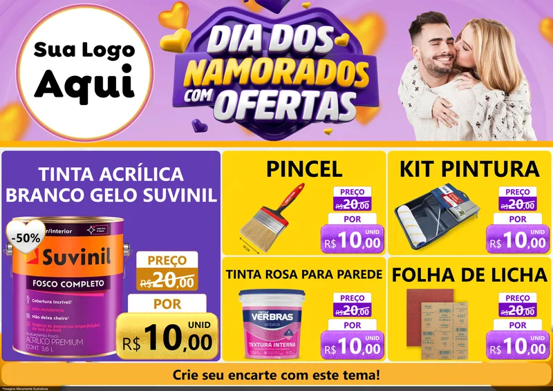 Modelo de Encarte para Encarte A4 Horizontal com o tema Dia Dos Namorados Com Ofertas para Tintas e Ferramentas
