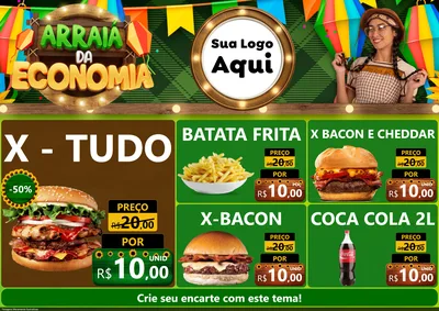 Modelo de Encarte para Encarte A4 Horizontal com o tema Arraiá de Economia para Hamburgueria