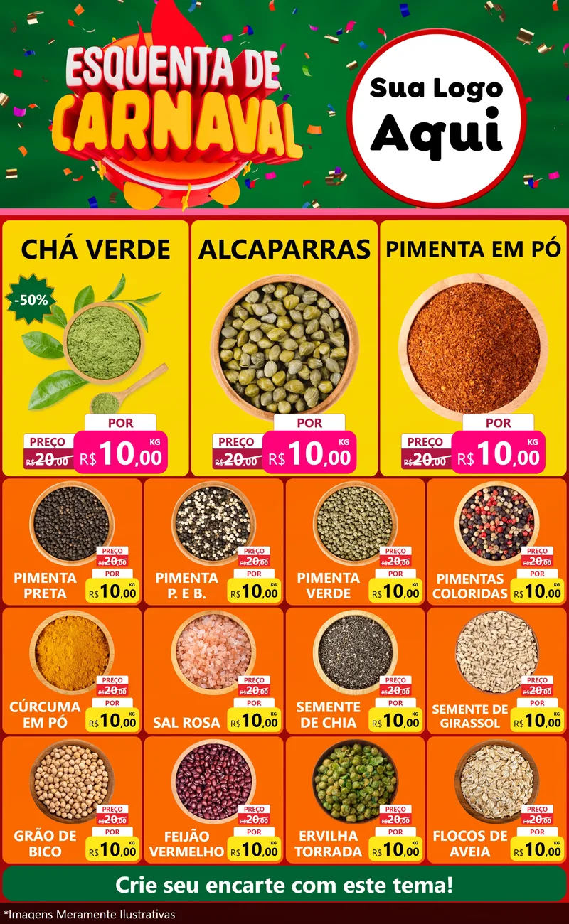 Modelo de Encarte para Encarte Grande com o tema Esquenta de Carnaval para Produtos Naturais